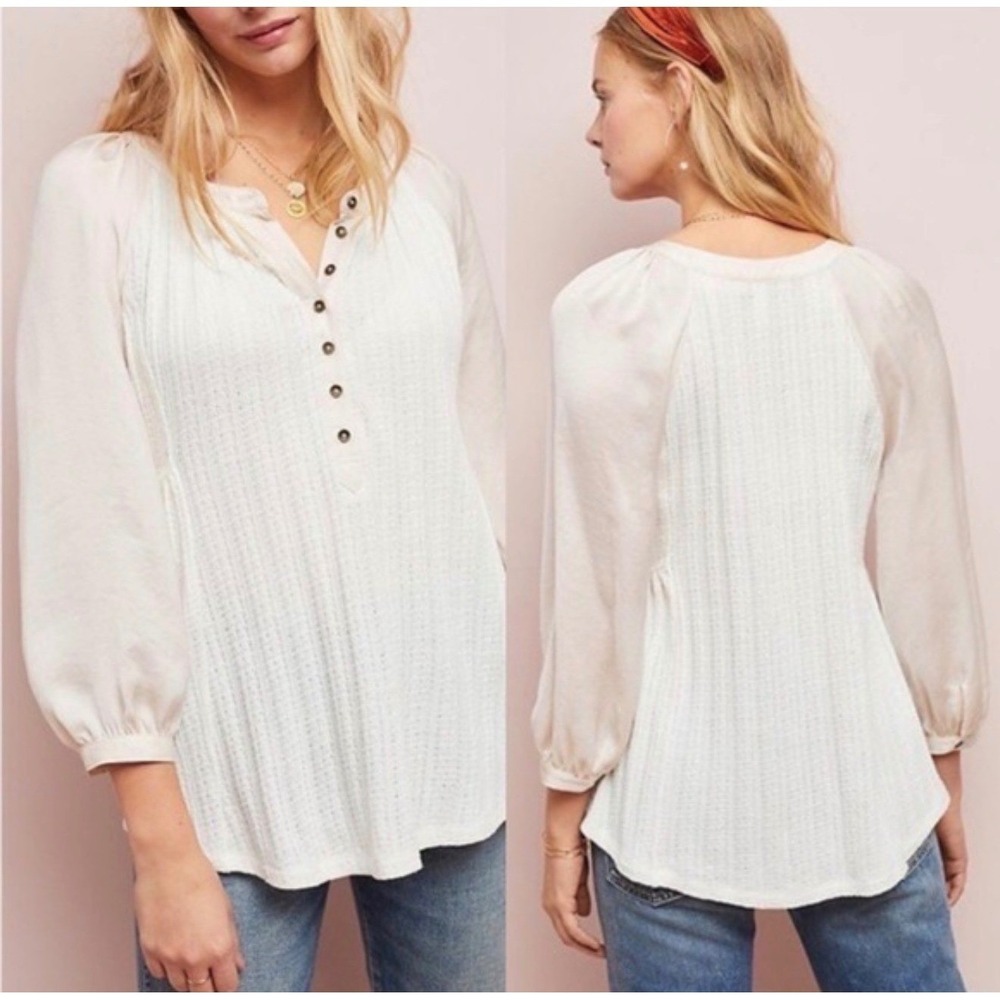 Meadow Rue Anthropologie Mixed Media Henley Blouse Cream Blush Pink XS Boho